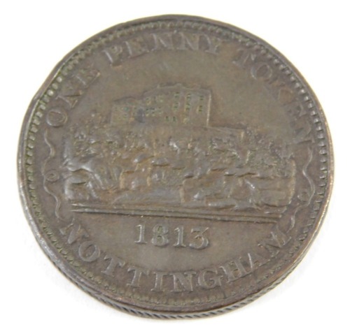 A Nottingham one penny token 1813, obverse with Nottingham Castle, reverse a cross and three crowns, one pound note for 240, payable by J M Fellows.