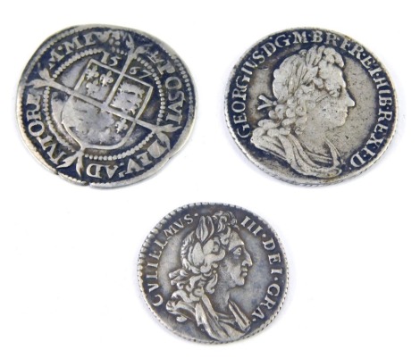 An Elizabeth I hammered silver sixpence 1567, George I silver South Sea Company shilling 1723, and a William III silver shilling 1697. (3)