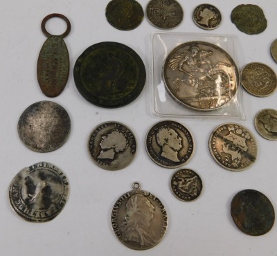 A group of Elizabeth I and later silver coinage, including a George III shilling 1787, and a Queen Victoria crown 1896. - 3