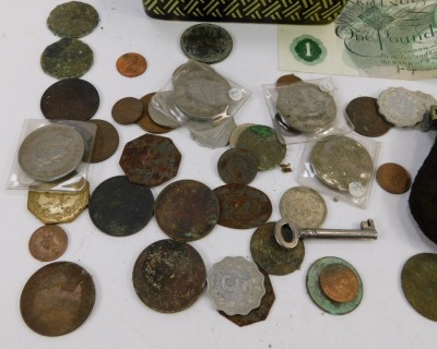 George VI and later silver and copper coinage, Maltese coins, Co Operative Society tokens, and a one pound note, Chief Cashiet Joe Page. - 2