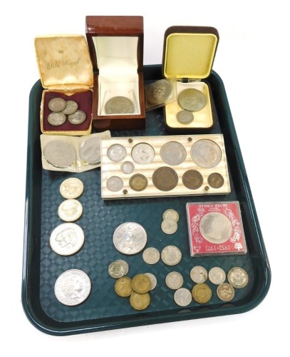 George V and later silver and copper coinage, millennium five pounds 2000, commemorative crowns, etc. (a quantity)