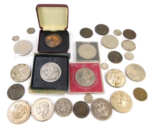 A George III silver crown 1820, Victorian half crowns 1885 and 1897, further coinage, commemorative crowns, etc.