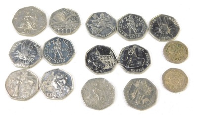 Queen Elizabeth II fifty pence and twenty pence coins, including fifty pence coins for Peter Rabbit, Jeremy Fisher, Paddington at the Tower of London, Suffragette Movement, Public Libraries, and Battle of Hastings. (15)