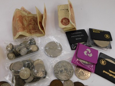 A Marie Theresa thaler 1780, Victorian and later silver threepence and sixpence coins, copper coinage, commemorative coins, etc., together with ten shilling notes. (a quantity) - 4