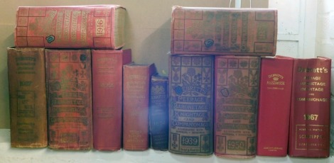 Eleven copies of Debreatt's Peerage Baronetage Knightage and Companionage, comprising 1874, 1908, 1916, 1927, 1937, 1939, 1944, 1949, 1950, 1967 and 1984, mainly in cloth bindings. (11)