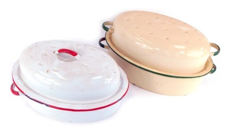 1940s/50s enamel kitchen wares, comprising casserole dish and lid, in green and cream, and a white and red casserole dish with lid. (2)