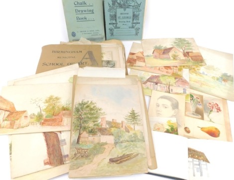 A collection of works by Dora Sternberg, of the Birmingham Municipal School of Art, to include sketches, watercolours, and mood boards, a small sketch book album, freehand drawings, etc., all enclosed in single portfolio, to include pastels, watercolours,