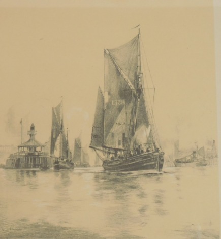 Mark H Hanson. Lowestoft Sailing Trawlers, etching, signed and titled to margin, 18cm x 16cm, framed and glazed.