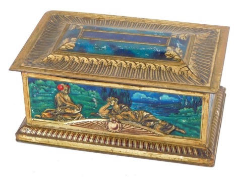 A vintage mustard tin for Colmans Fine Mustard, with a raised and canted top with turquoise and semi clad classical muses, 12cm high, 28cm wide, 18cm deep.