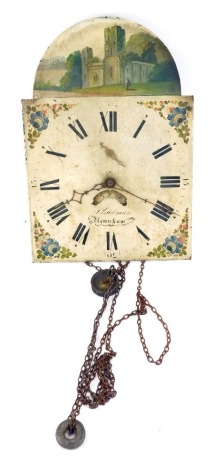 A 19thC longcase clock movement, by Shortman of Newnham, the break arch dial painted with a church ruins, and flowers, dial bearing Roman numerals, subsidiary seconds dial and date aperture, two train movement with bell strike, 44cm high, 29cm wide.