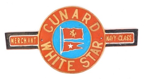 A Cunard White Star painted cast iron sign, 24cm high, 47cm wide.