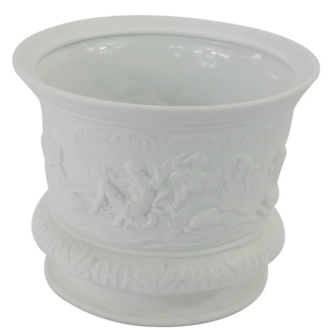 A British Heritage Collection Portmeirion porcelain planter, on a white ground with raised relief of classical figures, 18cm high, 23cm diameter.