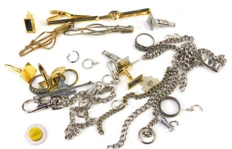 Silver and costume jewellery, including rings, tie slides, cuff links and neck chains. (a quantity)