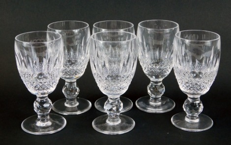 Six Waterford crystal sherry glasses decorated in the Colleen pattern.