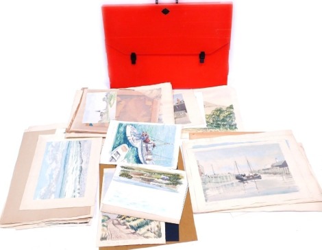 A portfolio of loose watercolours and pictures, to include Bedfordshire scenes, boating, windmills, etc. (a quantity)