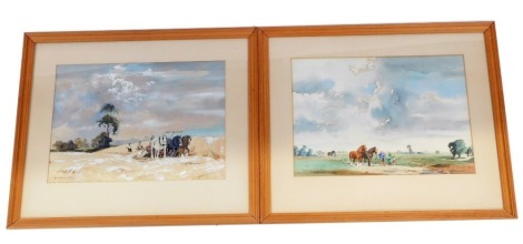 Brian C Day (British, 20thC). Cart horses and figures in a landscape, ploughing the field with figures, pair of watercolour and body colour, signed, each 26cm x 37cm.