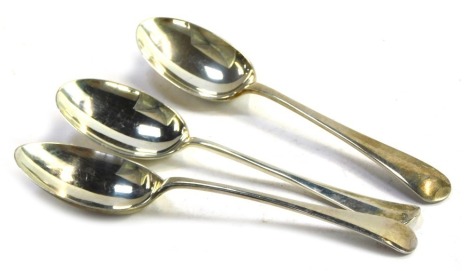 Three George V/VI silver Old English pattern dessert spoons, Sheffield 1934, 1937 and 1944, 4.92oz.