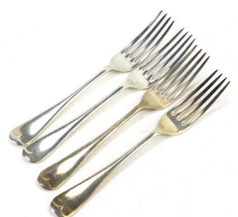 Four George VI silver Old English pattern dessert forks, Walker & Hall, Sheffield 1945, 6.63oz.