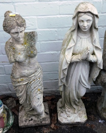 Two reconstituted stone figures, one of the Venus de Milo, on rectangular base, 72cm high, and another of the Virgin Mary, 78cm high. (2)