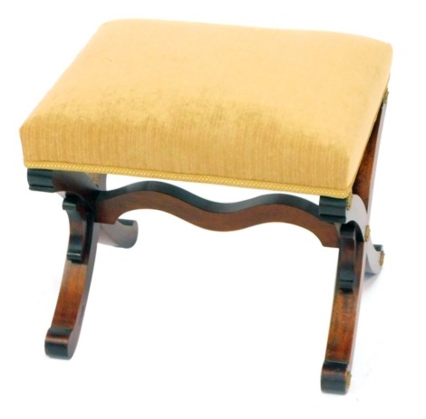 A Regency style rosewood X framed stool, upholstered in overstuffed yellow draylon, 48cm wide.