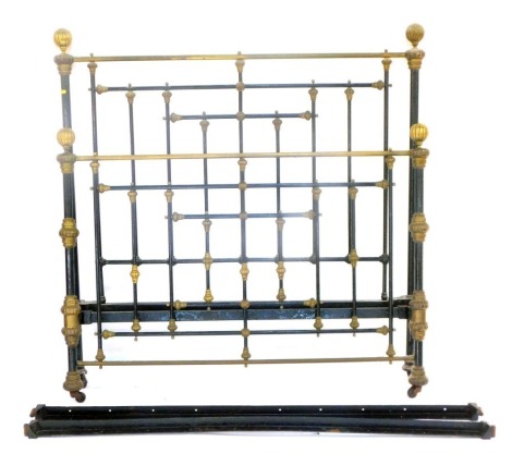 A Victorian metal framed double bed, with black and brass bulbous fittings, and a slatted base with two supports, the headboard, 160cm high, 153cm wide.