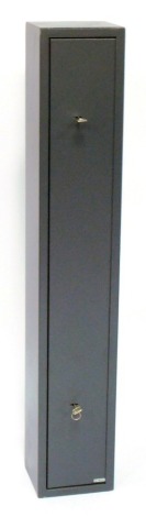 A grey metal gun cabinet, with two keys, 130cm high.