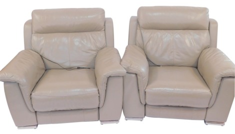 A pair of mushroom coloured leather electric recliner armchairs, 96cm wide.