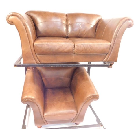 A brown leather two seater sofa, 168cm wide, together with a matching armchair, 113cm wide. (2)