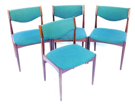 A set of four mid century Danish rosewood dining chairs, upholstered in blue and green patterned fabric. (AF)