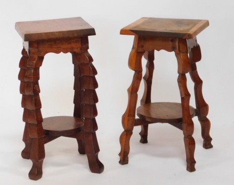 Two hardwood side tables, each with square top, on carved legs united by under tiers, 51cm high, 27cm x 27cm. (2)