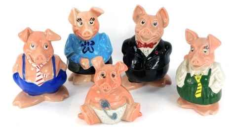 Five Wade Natwest pigs, comprising mother, father, daughter, son, and baby, each with stopper.