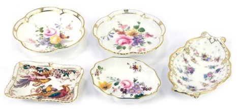 A group of Royal Crown Derby Derby Posies and Old Avesbury porcelain pin dishes.(5)