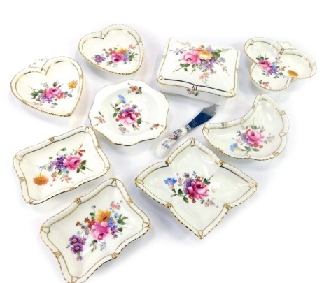 A group of Royal Crown Derby pin dishes, each in the Derby Posies pattern, a butter knife and a trinket box, each with green Royal Crown Derby stamp. (10)