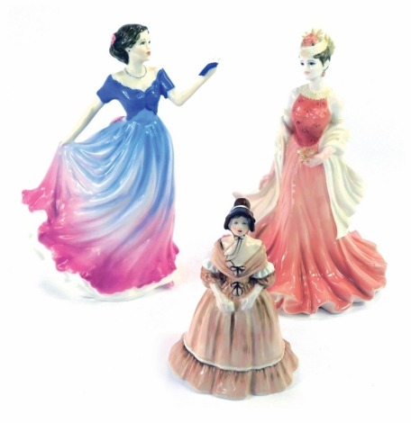 Three porcelain ladies, comprising Royal Doulton Sweet Poetry HN4113, Coalport Ladies of Fashion Sue, bearing various signatures, dated 1997, and a Coalport Hannah. (3)