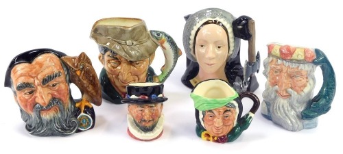 Six Royal Doulton character jugs, comprising Anne Boleyn, Neptune, Mrs Pickwick, The Poacher, Beefeater, and Merlin. (6)