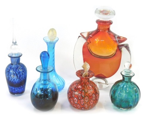 A group of art glass scent bottles and stoppers, to include Glass Blowers GA39 scent bottle and stopper, orange glass scent bottle and stopper, Italian and other glass ware, etc.