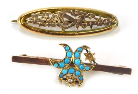 Two bar brooches, comprising a crescent moon and star bar brooch, set with turquoise and seed pearl, yellow metal stamped 9ct, 4.5cm wide, and an oval foliate scroll brooch, yellow metal stamped 9ct, 4cm wide, 4.8g all in. (2)