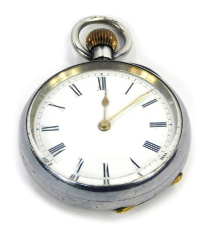 An early 20thC Continental silver lady's pocket watch, open faced, keyless wind, enamel dial bearing Roman numerals, gold hands, in a plain case monogram engraved, white metal stamped 935, 38g all in, in a Chas Sims of Stamford box.