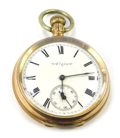 An early 20thC Elgin gold plated gentleman's pocket watch, open faced, keyless wind, enamel dial bearing Roman numerals, subsidiary seconds dial, movement numbered 6188021, the case with engine turned decoration and vacant shield and garter, 5cm diameter.