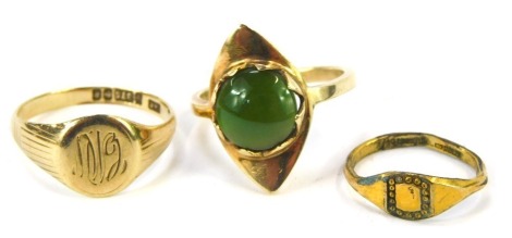 Three dress rings, comprising two 9ct gold signet rings, one with initials CW, and another unmarked, and a 9ct gold and jade set dress ring, 5.9g all in. (3)