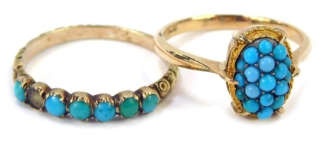 Two turquoise dress rings, comprising an oval turquoise set dress ring, size N½, a half hoop dress ring set with six turquoise brackets, one missing, size O½, yellow metal, the oval ring stamped 9ct, the other unmarked but believed to be 9ct, 4.3g all in.