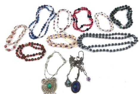 A group of semi precious and other stone set jewellery, to include rock crystal, amethyst, lapis lazuli, and others, with mainly silver and some yellow metal clasp. (a quantity)