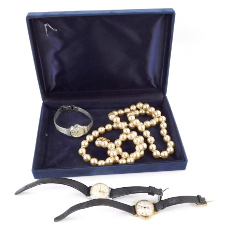 Costume jewellery and effects, comprising a cased set of Selfridges single strand faux pearl necklace, and three dress watches; Seiko, Rotary and Oris. (4)