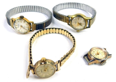 A Smiths 9ct gold cased lady's wristwatch, Presented by the Directors of EMI to E A Rivers for Long Service 1962, on expanded gold plated strap, with three other watches, comprising Seiko, Avia, etc. (1 box)