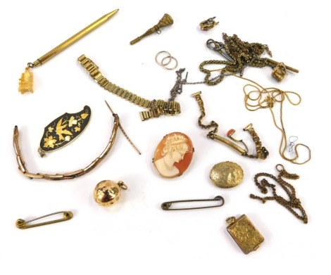 A group of costume jewellery, to include a 9ct gold Memorial Ball locket (heavily AF), 6.1g all in, gilt metal watch chain, part lockets, part chains, plated wares, etc. (1 box)