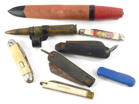 A group of penknives, to include a horn handled penknife, two mother of pearl handled penknives, a Swiss Victorinos penknife, etc. (a quantity)