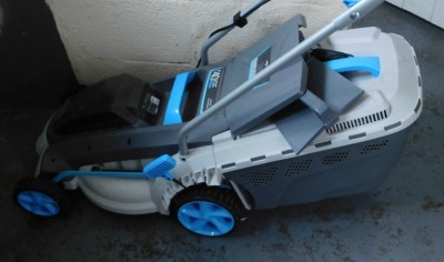 A Swift 40 volt lithium electric lawn mower, with rechargeable battery.