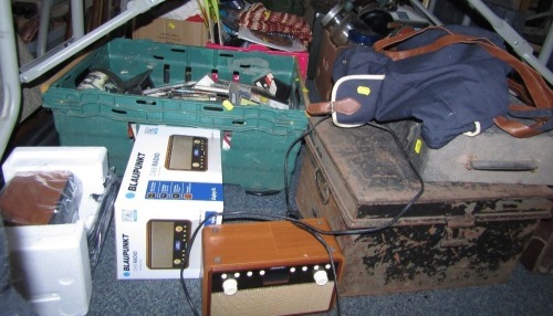 Hifi equipment, comprising a Blaupunkt digital radio, rucksack, empty records case, tin deeds box, leather Gladstone bag, etc. (a quantity)