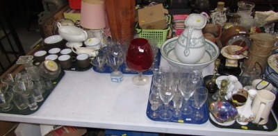 Decorative glassware, Hornsea Palatine pattern cups and saucers and soup bowls, drinking glasses, red glass goblet, wash jug and bowl, pair of brass candlesticks, Maling lustre ware bowl, etc. (5 trays and a wash jug and bowl)