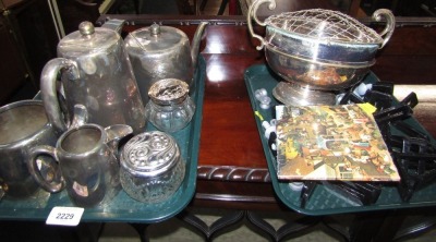 Silver plated wares, comprising cruet set, four piece tea and coffee set, dressing table jars, hooks, rose bowl, etc. (2 trays)